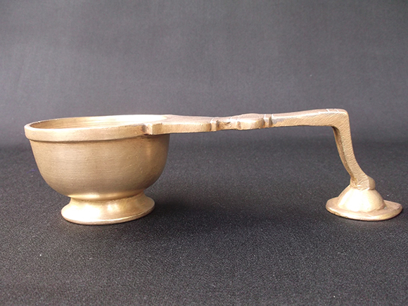 Front View of Antique Brass Massage Oil Cup with Horizontal Handle