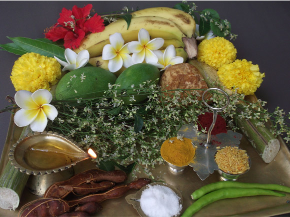 The ingredients- Neem flowers, raw mango, tamarind, green chillies, jaggery, sugarcane, ripe banana and others