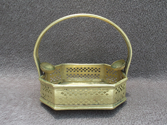 Front View of Antique Brass Flower Basket with Handle in Hexagonal Shape.