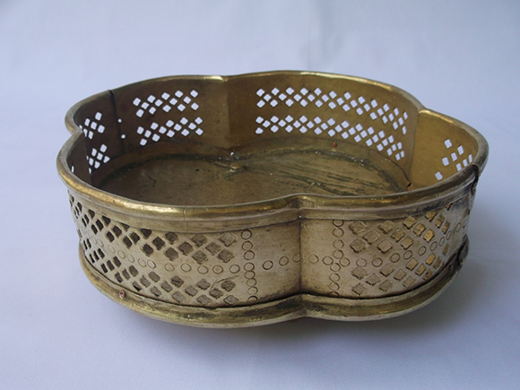 Top View of Antique Brass Flower Basket with Four Semi-circular Sides.