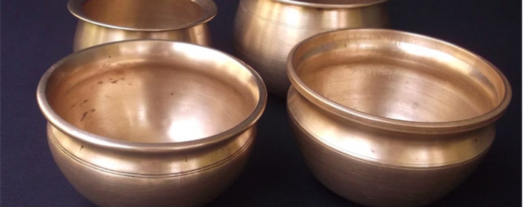 Antique Brass and Bronze curry pots in a group